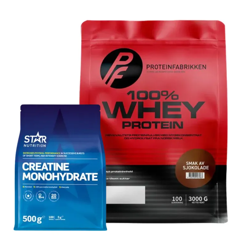 100% Whey Protein 3 kg og Kreatin Monohydrat 500 g, pakketilbud